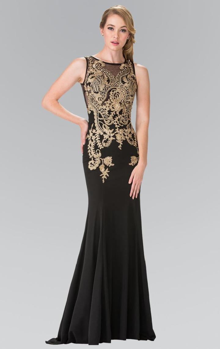 Elizabeth K - Embroidered Bateau Neck Jersey Trumpet Dress Gl2230