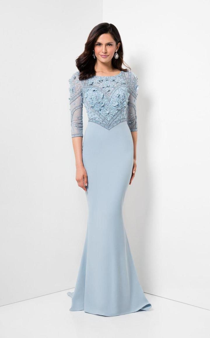 Terani Couture - 3/4 Sleeve Bateau Neck Beaded Mermaid Dress 1713m3461