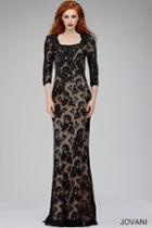 Jovani - Quarter Length Sleeve Square Neck Lace And Crystal Embellished Sheath Dress 26877