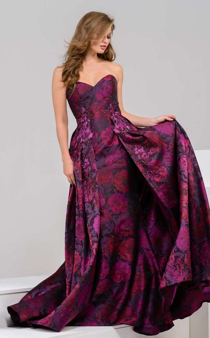 Jovani - 45364 Strapless Floral Print Pleated Evening Gown