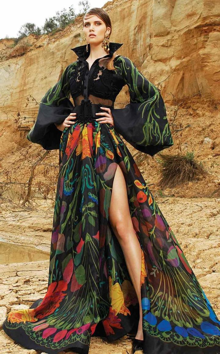 Mnm Couture - 2353 Colorful Long Sleeve High Slit Designer Gown