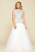 Mac Duggal Prom - 65364 H Cap Sleeve Ornate Illusion Trumpet Gown In White/silver