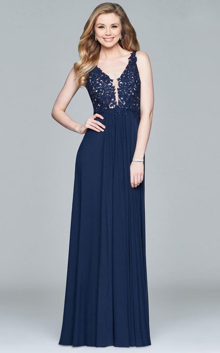 Faviana - 8000 Lace Appliqued Long Mesh V-neck Dress