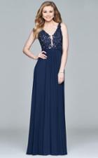 Faviana - 8000 Lace Appliqued Long Mesh V-neck Dress