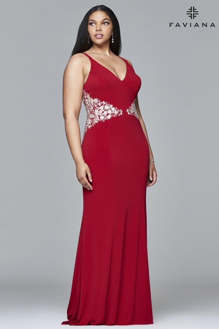 Faviana - 9392 Long Jersey V-neck With Lace Detailing