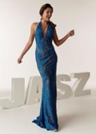 Jasz Couture - 6285 Beaded Halter V-neck Sheath Dress
