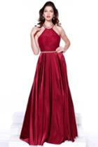 Sleeveless Embroidered And Beaded Halter Neck Long A-line Dress