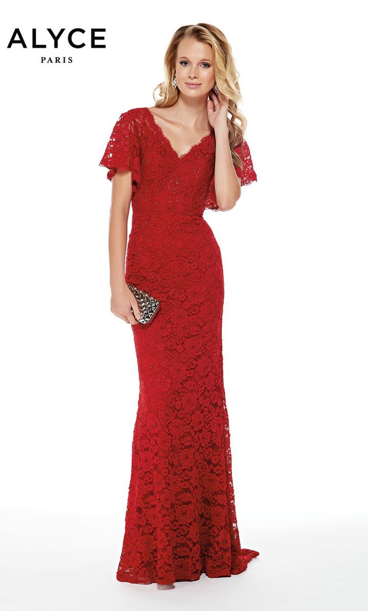 Alyce Paris - 27025 Lace Flutter Sleeve V-neck Sheath Dress