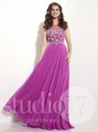 Studio 17 - Charming Beaded Bateau Neck Stretch Net A-line Gown 12621