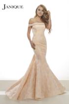 Janique - Bejeweled Off-shoulder Mermaid Evening Gown With Court Train W1681