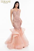 Terani Couture - 1821gl7445 Beaded Sheer Halter Ruffled Mermaid Gown