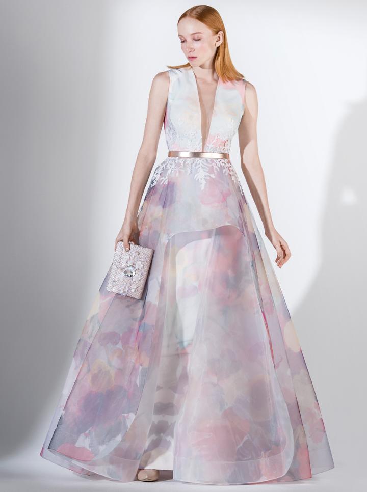 Saiid Kobeisy - 3427 Multi-colored Tulle Deep V-neck A-line Dress