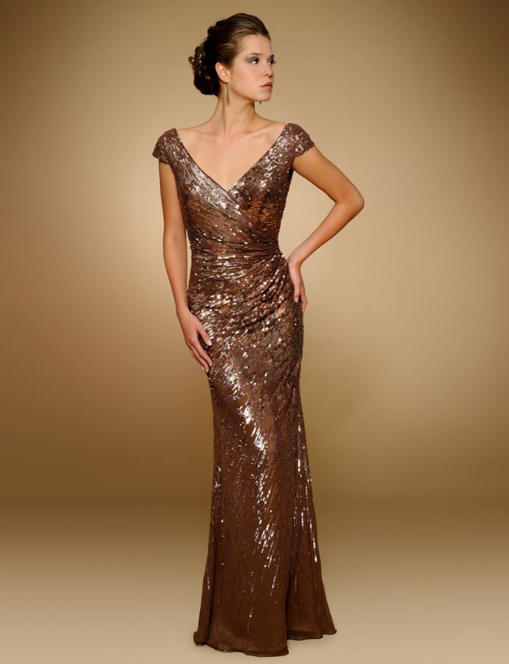 Rina Di Montella - Rd1841 Sequined Wide V-neck Chiffon Sheath Gown