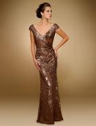 Rina Di Montella - Rd1841 Sequined Wide V-neck Chiffon Sheath Gown