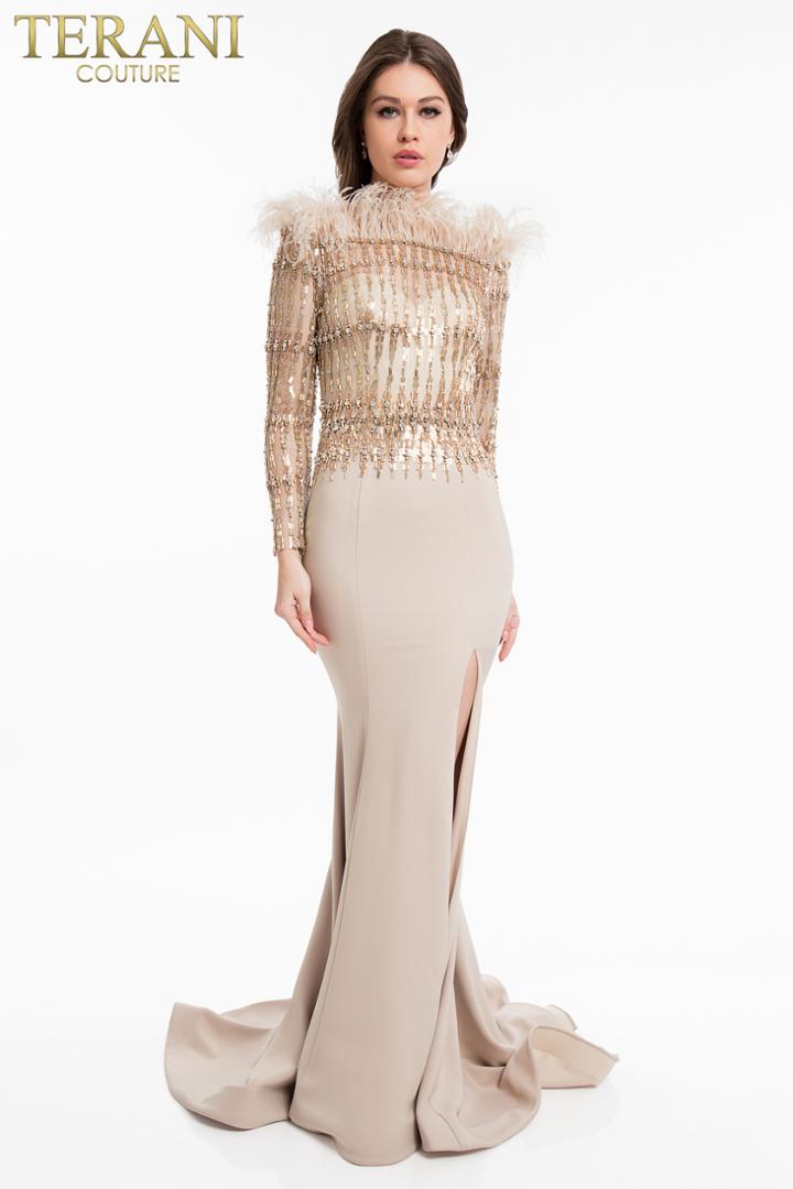 Terani Couture - 1823m7732 Embellished Feather Long Gown With Slit