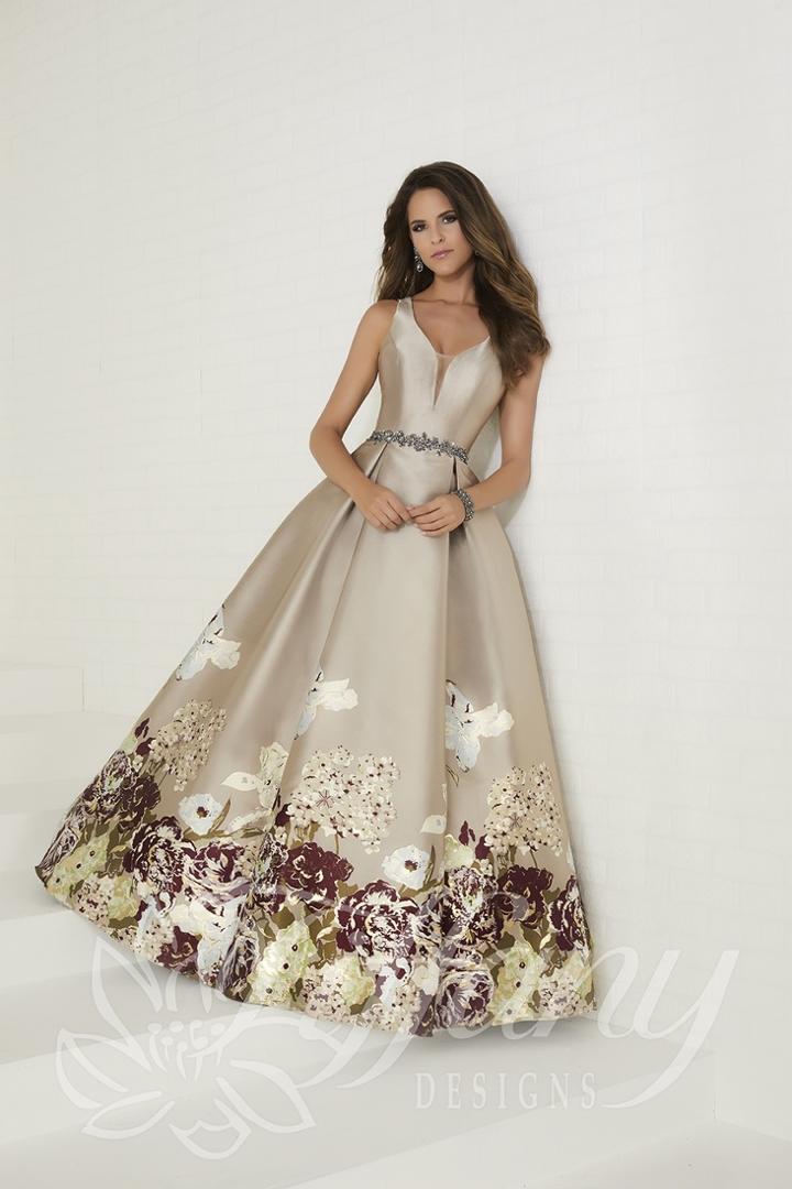 Tiffany Designs - 16291 Deep V-neck Floral Print A-line Gown