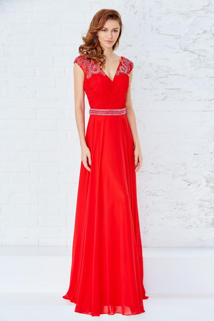 Angela And Alison - 71123 Beaded Ruched V-neck Dress