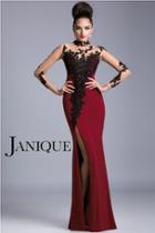 Janique - Illusion Long Sleeved Floral And Lace Side Slit Jersey Gown K6404