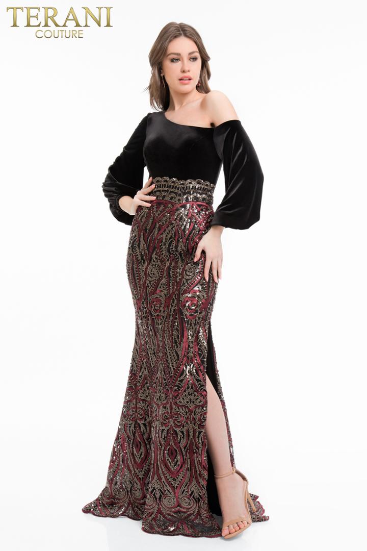 Terani Couture - 1821e7124 Embroidered Asymmetrical Long Sleeves Gown