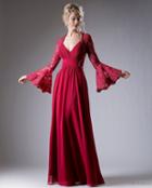 Cinderella Divine - Embellished Lace Long Bell Sleeve A-line Dress
