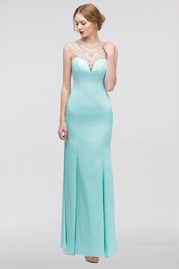 Eureka Fashion - Cap Sleeve Crystal Adorned Illusion Satin Gown