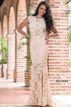 Jovani - Classy Lace Long Prom Dress With Scallop Edged Open Back 90676