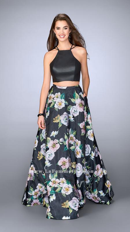 La Femme - Svelte Halter Crop Top Floral Print Evening Gown 24280