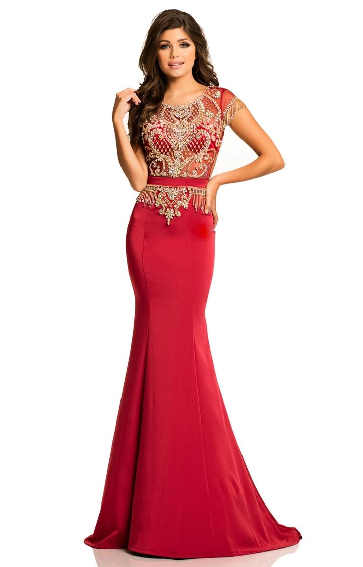Johnathan Kayne - 8108 Fringed Cap Sleeve Ornate Illusion Gown