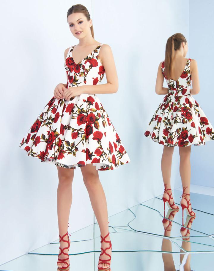 Ieena For Mac Duggal - 25897i Rose Printed V Neck Cocktail Dress