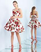 Ieena For Mac Duggal - 25897i Rose Printed V Neck Cocktail Dress