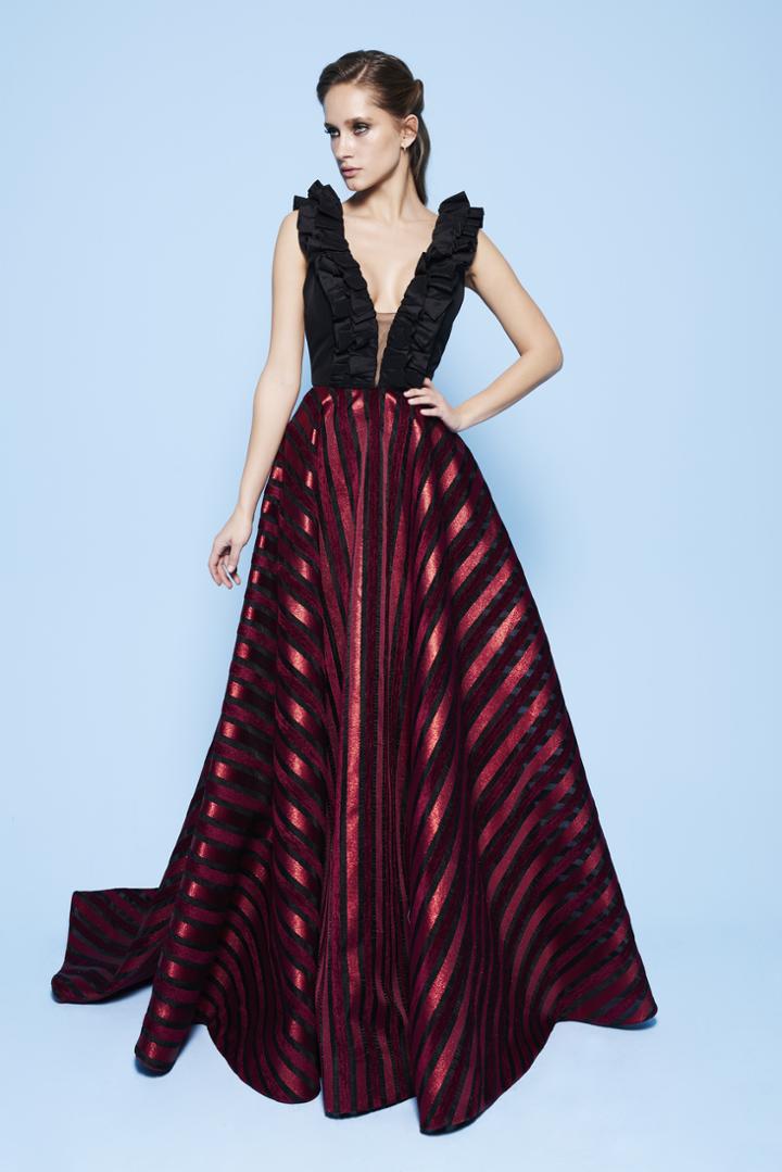 Mnm Couture - N0227 Ruffled Plunging Neck Stripe A-line Gown