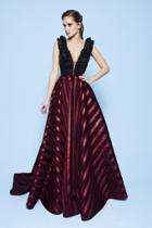 Mnm Couture - N0227 Ruffled Plunging Neck Stripe A-line Gown