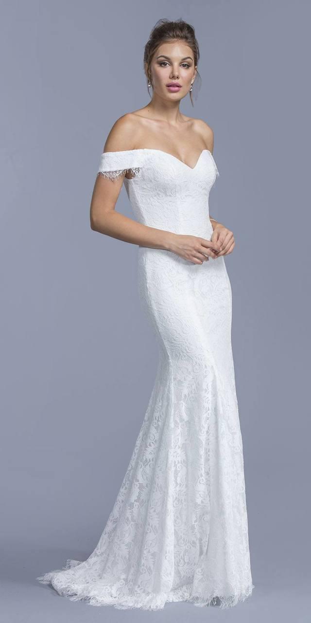 Aspeed - L1947 Lace Off-shoulder Sheath Wedding Dress