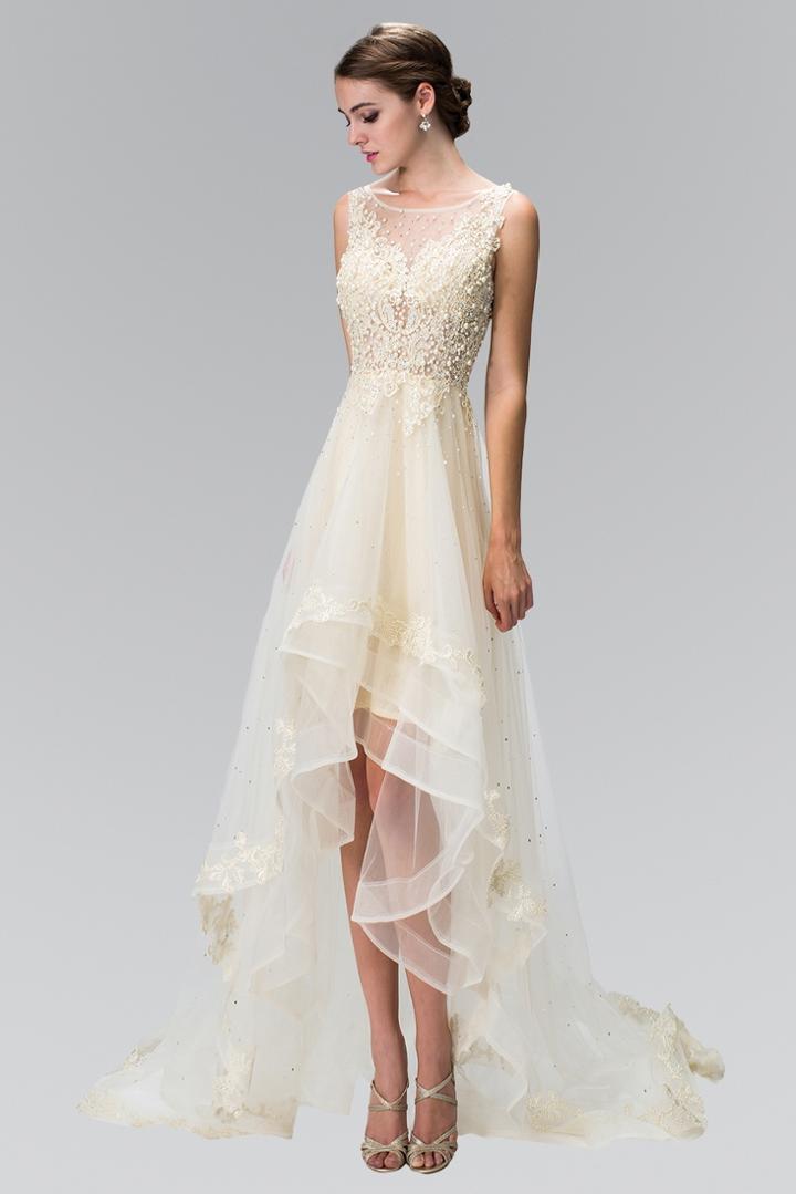 Elizabeth K - Pearl And Rhinestone Embellished High Low Dress Gl1426