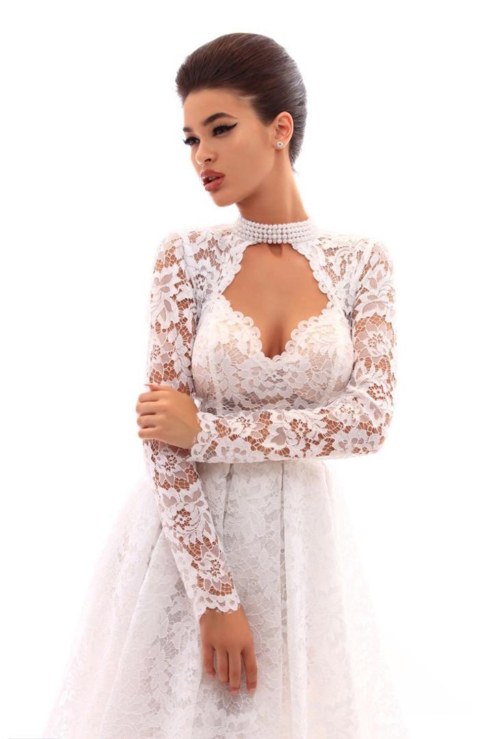Tarik Ediz - 50224 Pearl Accented Illusion High Neck Long Sleeve Gown