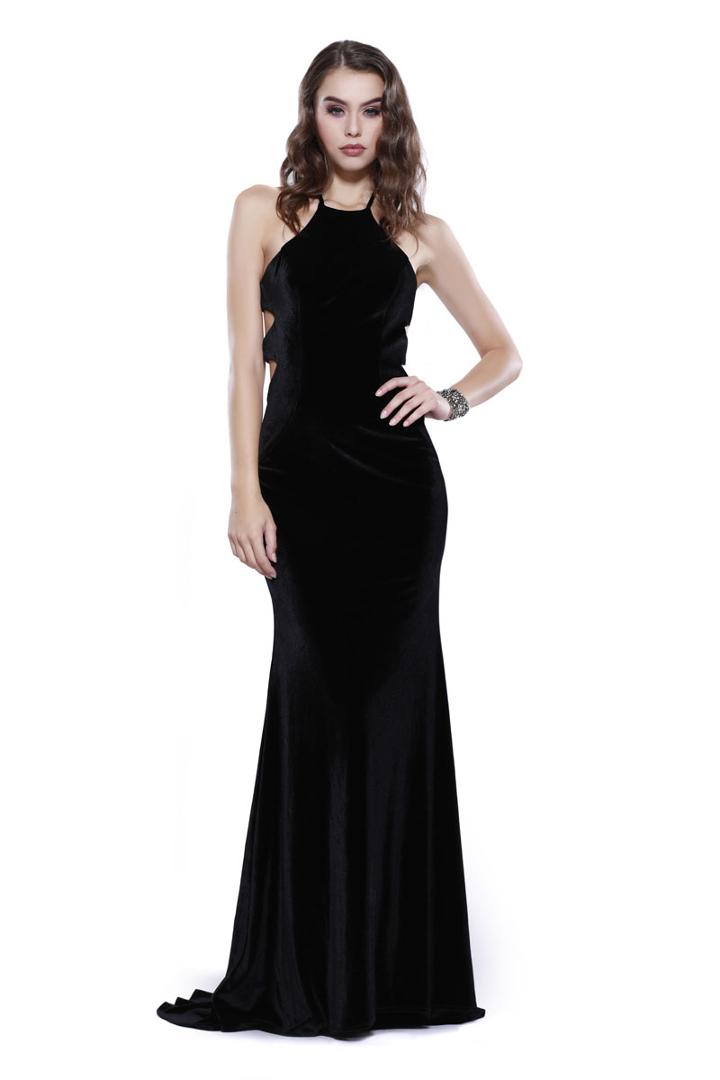 Shail K - 33931 High Halter Lace-up Velvet Sheath Gown