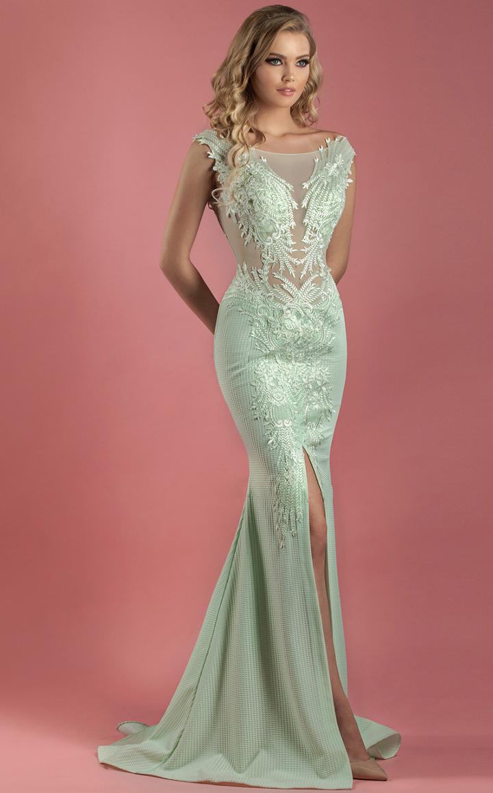 Mnm Couture - K3550 Sheer Bateau Illusion Applique Evening Gown