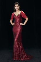Angela And Alison - 81045 Fitted Cold Shoulder Sequined Evening Dress