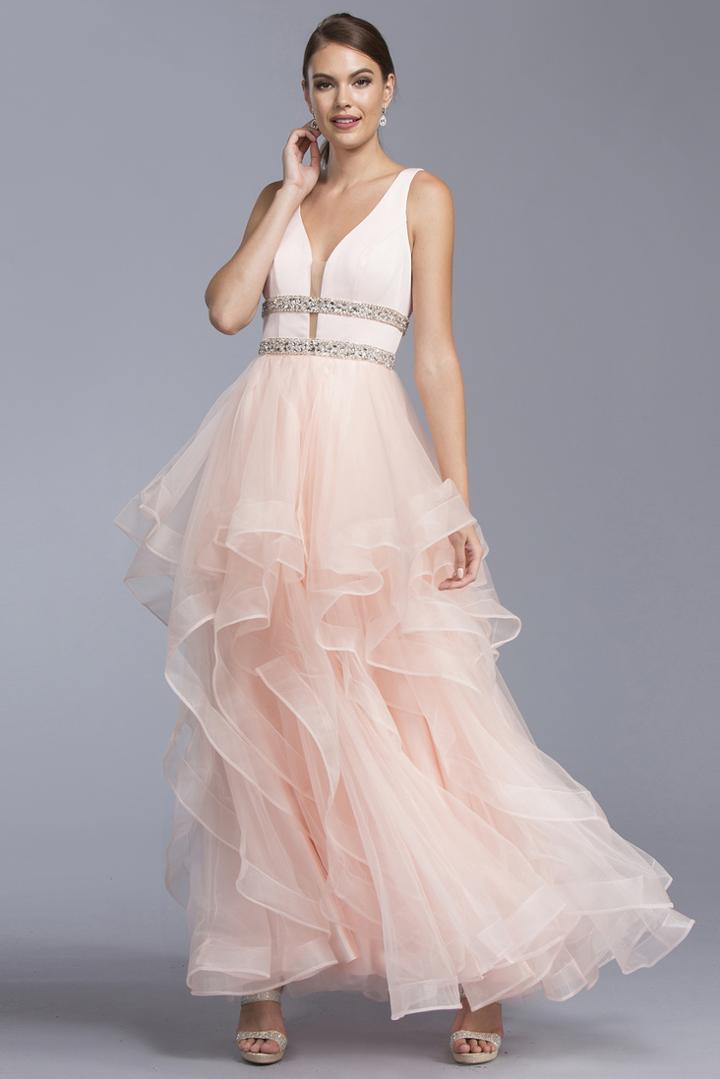 Aspeed - L2063 Embellished Deep V-neck A-line Prom Dress