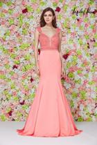 Angela & Alison - Bead Crusted Trumpet Gown In Peach 61019