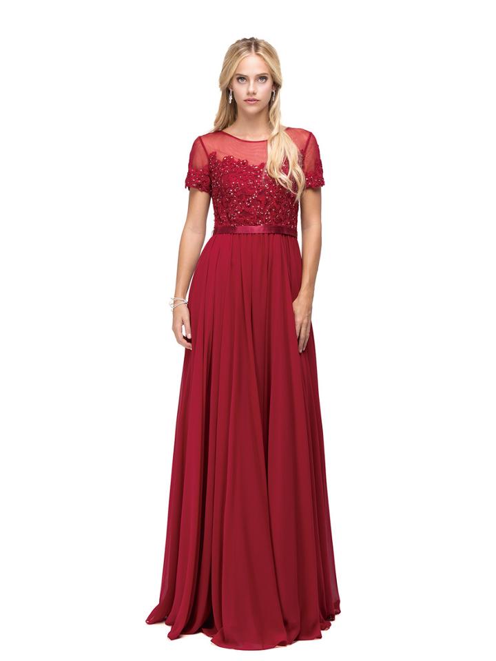 Dancing Queen - Short Sleeve Laced And Beaded Scoop Neck Chiffon A-line Dress 9710