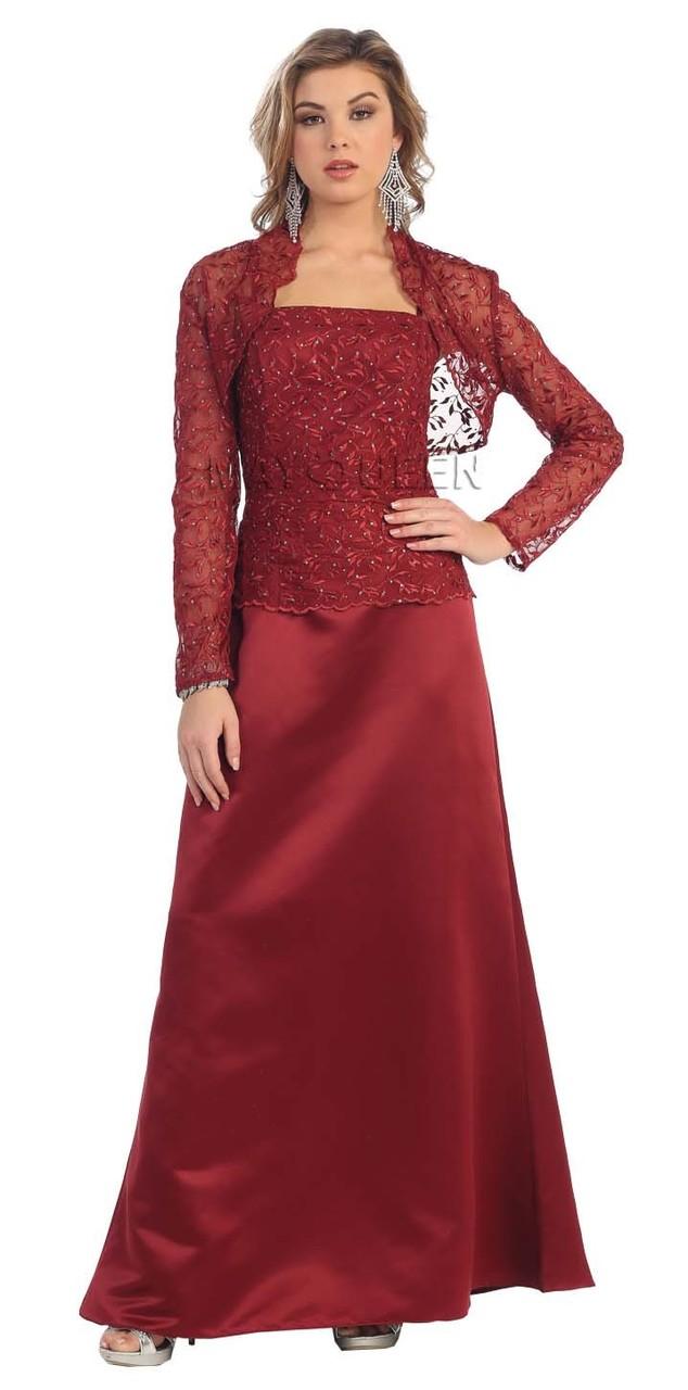 Spaghetti Strap Evening Dress With Long Sleeve Lace Bolero Jacket