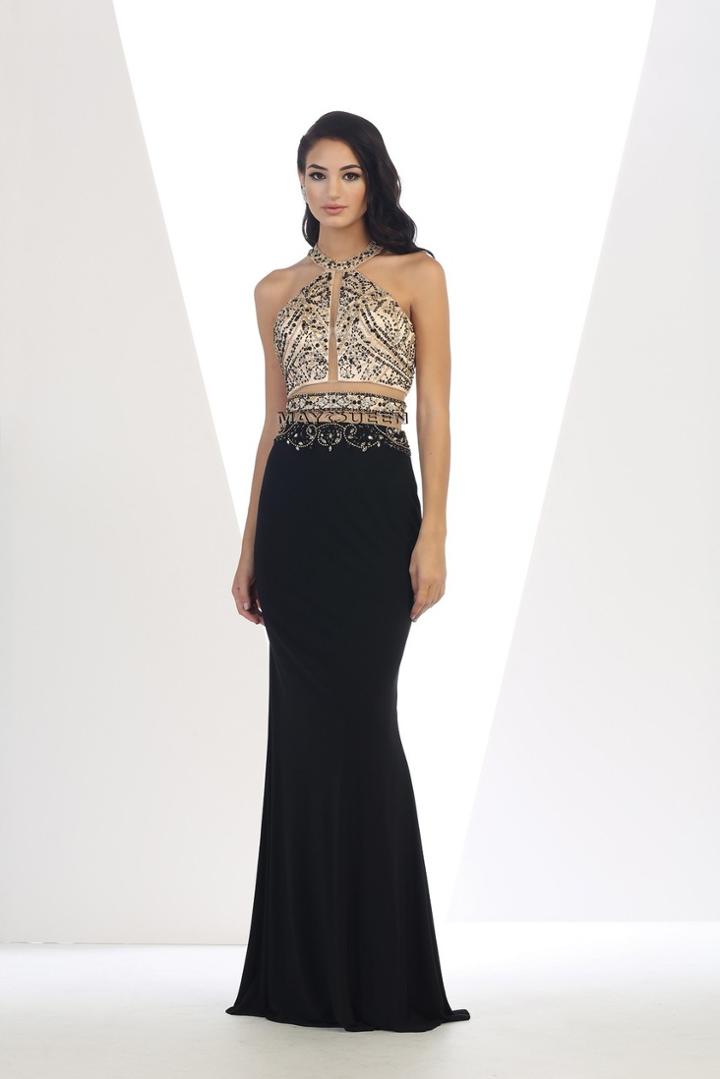 Beaded Halter Neckline Illusion Jersey Dress
