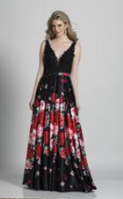 Dave & Johnny - A6002 Deep V-neck Lace And Floral A-line Gown