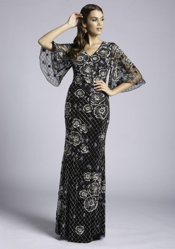 Lara Dresses - 29981 Short Bell Sleeve Floral Lattice Beaded Gown