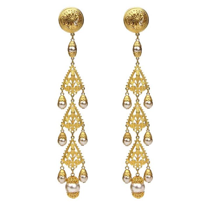 Ben-amun - Gold & Pearl Chandelier Statement Clip On Earrings