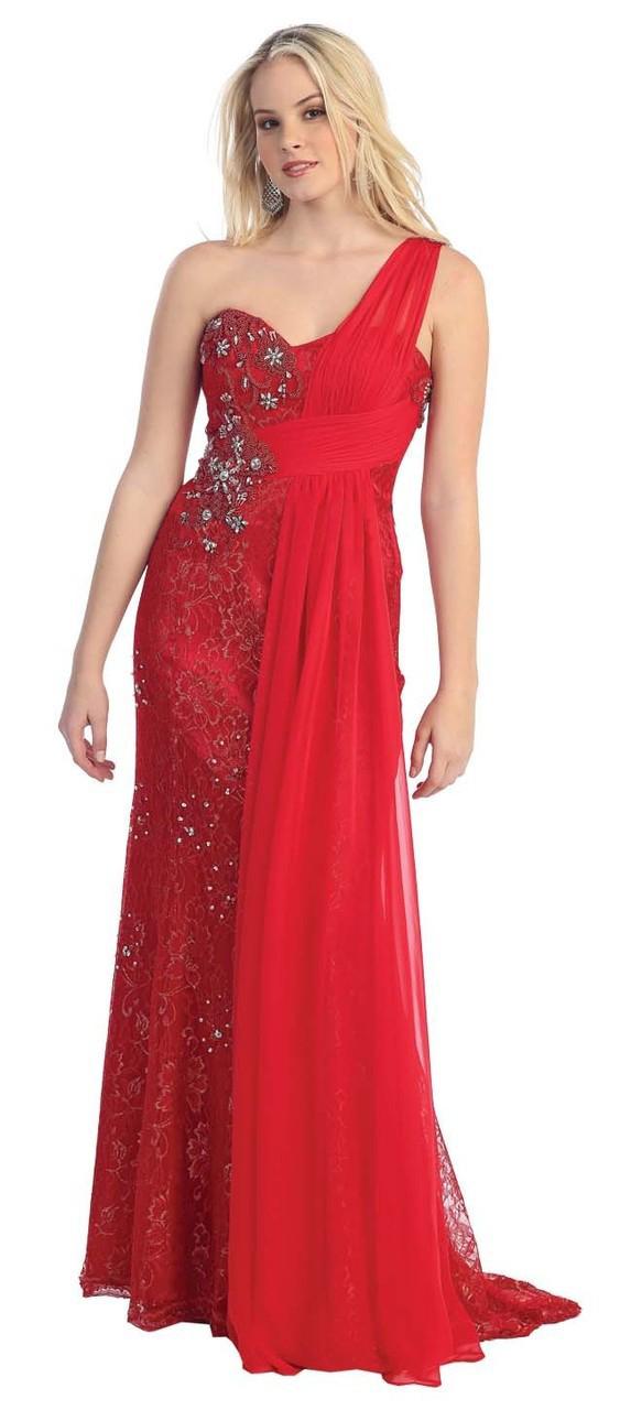 May Queen - One Shoulder Strap Embellished And Embroidered Chiffon A-line Dress Mq867