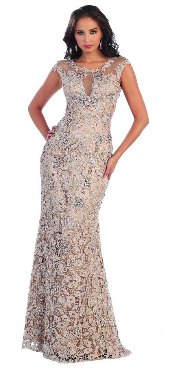 May Queen - Rq-7295 Lace Illusion Jewel Sheath Dress