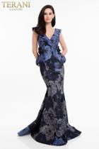 Terani Couture - 1821m7560 Floral Print V-neck Trumpet Dress