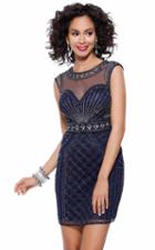 Shail K - Sheer And Beaded Cap Sleeve Jewel Neck Column Dress 1012